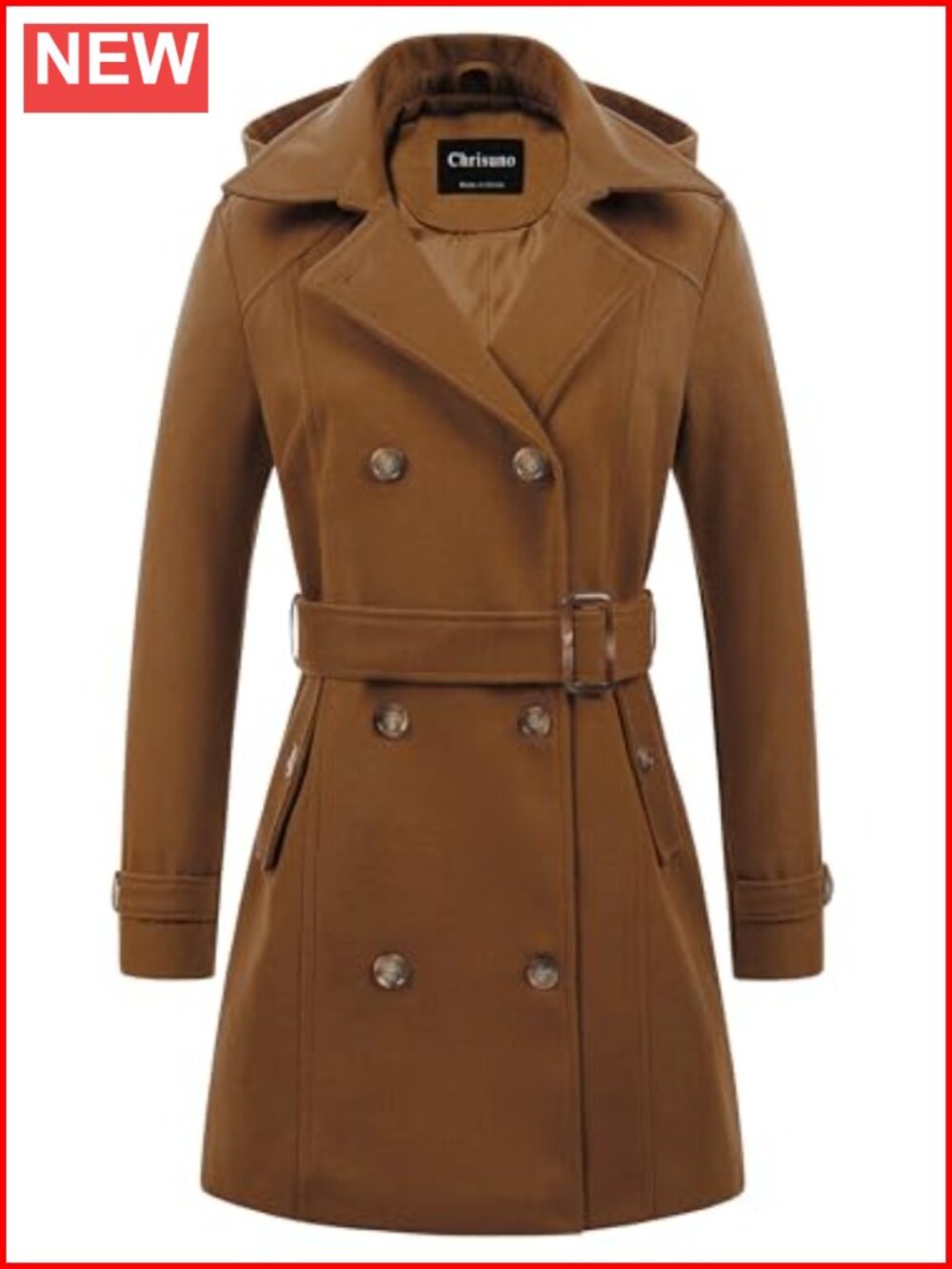 Women's Double Breasted Pea Coat Hooded Long Winter Trench Coat